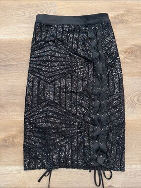 Black Sequin Lace-Up Sheer Pencil Skirt size small